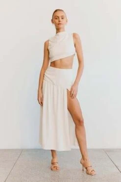 Third FormMARBLE GATHERED SIDE MIDI SKIRT - OFF WHITE