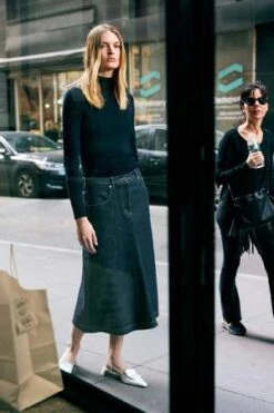 TibiIndigo Denim Midi A-Line Skirt - Dark Denim